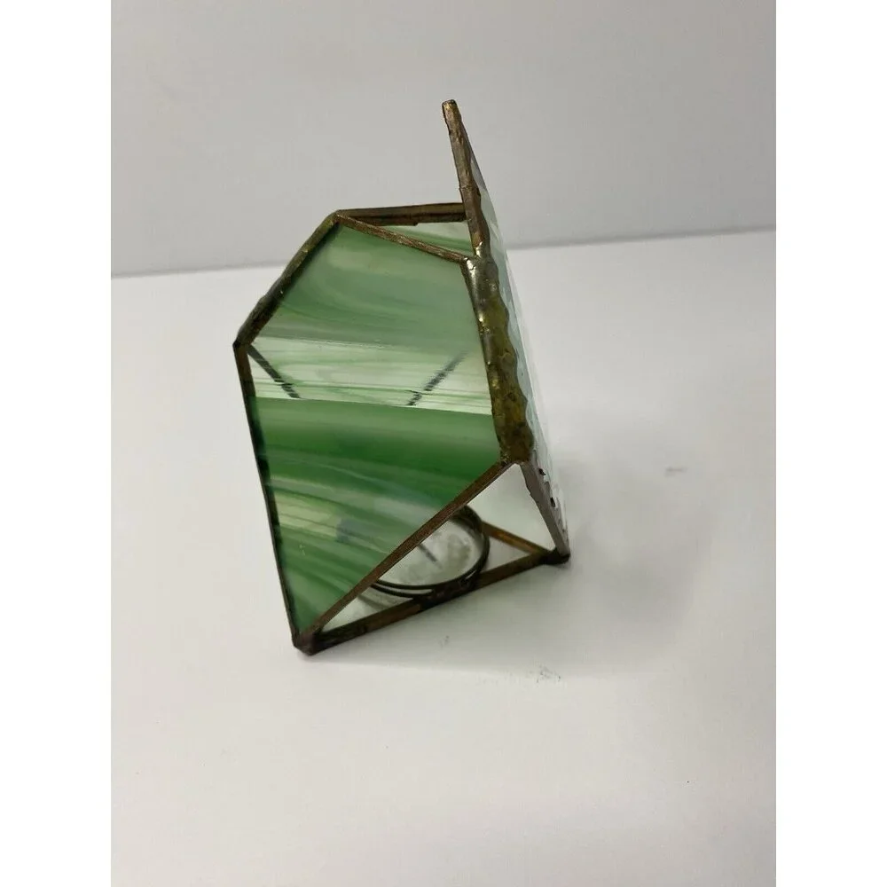 Stained‎ Green Glass Tea Light Holder Etched Glass Hummingbird Floral Design